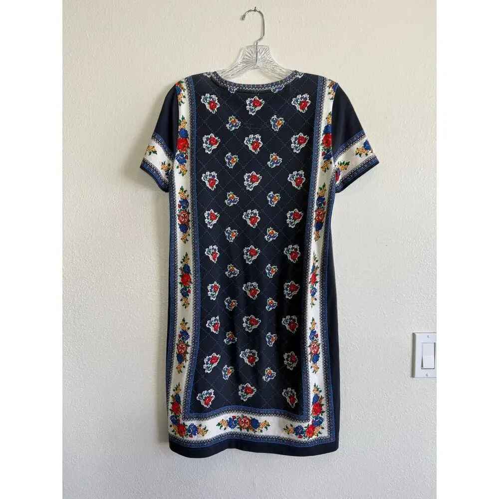Tory Burch Printed Shirt Dress Navy Tea Rose Border Size Small